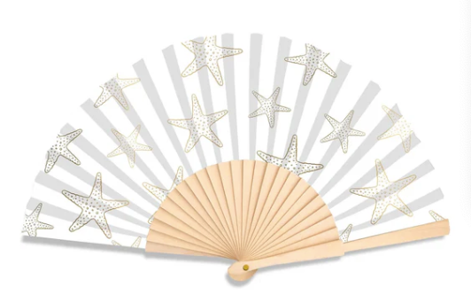 Decorative fan, white with golden starfisch print, 23 cm,