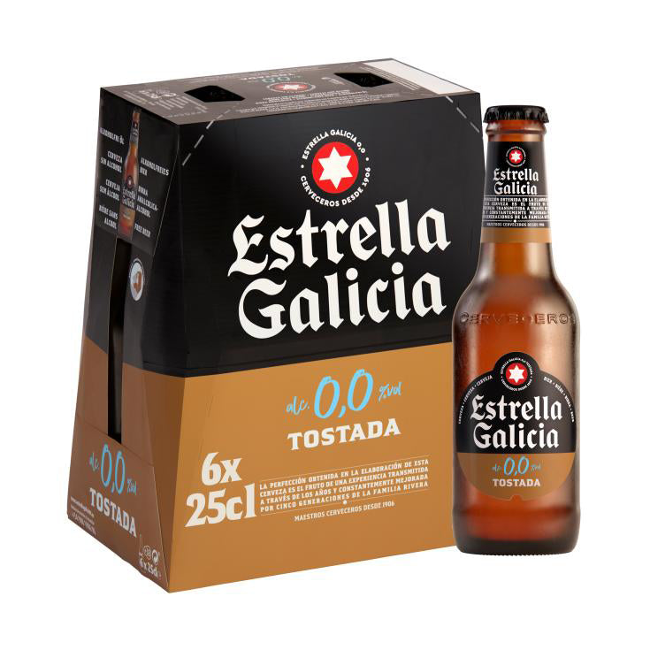 0% alcohol Estrella Galicia Tostada beer, bottle 0,25 L, 6 pack, gluten free